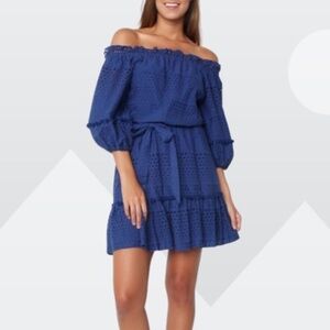 Parker Haven Eyelet Ruffle Tiered Pompon Balls Navy Blue A-Line Belted Dress XS